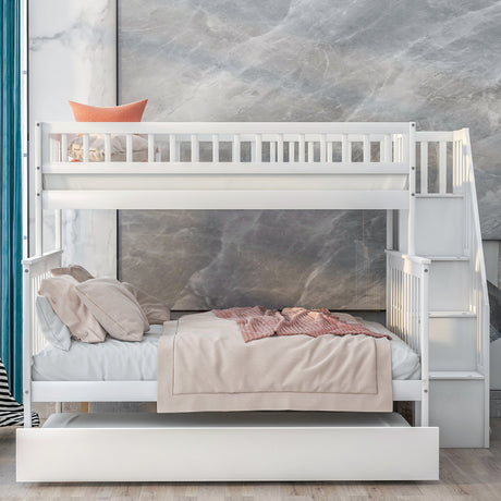 Twin over Full Bunk Bed with Trundle and Staircase White - V.I.P Digital Presence