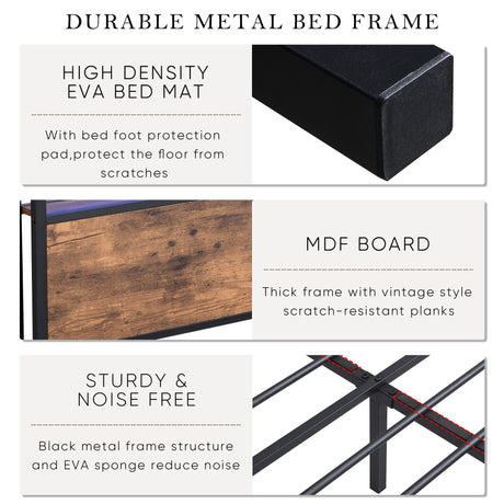 Full size bedstead with storage headboard and 2 drawers, LED light bed with charging station, metal Flat noodles support - V.I.P Digital Presence