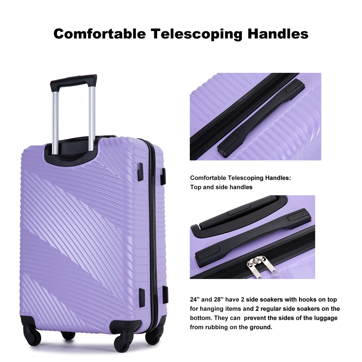 3 Piece Luggage Sets PC+ABS Lightweight Suitcase with Two Hooks Spinner Wheels (20/24/28) Light Purple