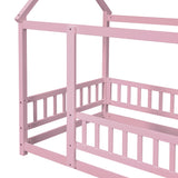 Twin Size Floor Wooden Bed with House Roof Frame, Fence Guardrails,Pink - V.I.P Digital Presence