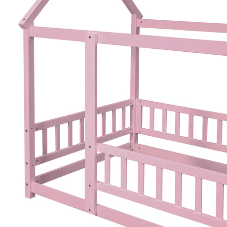 Twin Size Floor Wooden Bed with House Roof Frame, Fence Guardrails,Pink - V.I.P Digital Presence