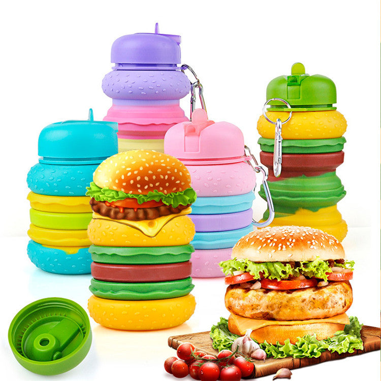 Vaso de agua creativo para niños con forma de hamburguesa, portátil, de silicona, anticaídas y a prueba de fugas, telescópico y plegable, para deportes al aire libre.