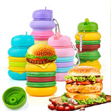 Vaso de agua creativo para niños con forma de hamburguesa, portátil, de silicona, anticaídas y a prueba de fugas, telescópico y plegable, para deportes al aire libre.