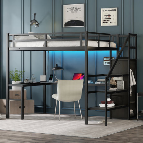 Full sized loft bed with L-shaped desk and USB, metal loft bed with wardrobe and adjustable shelf, black color - V.I.P Digital Presence