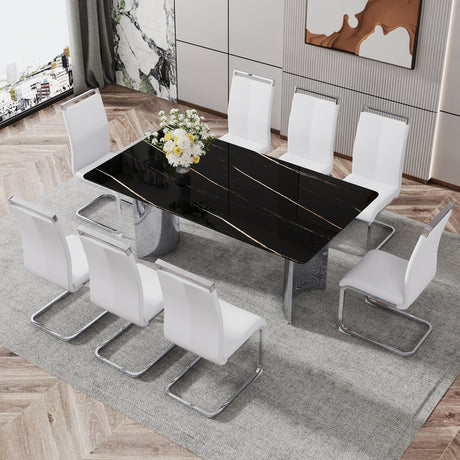 Modern minimalist dining table The black imitation marble glass desktop is equipped with silver metal legs - V.I.P Digital Presence