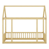 Twin Size Floor Wooden Bed with House Roof Frame and Safety Guardrails,Natural - V.I.P Digital Presence