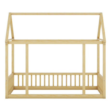 Twin Size Floor Wooden Bed with House Roof Frame and Safety Guardrails,Natural - V.I.P Digital Presence