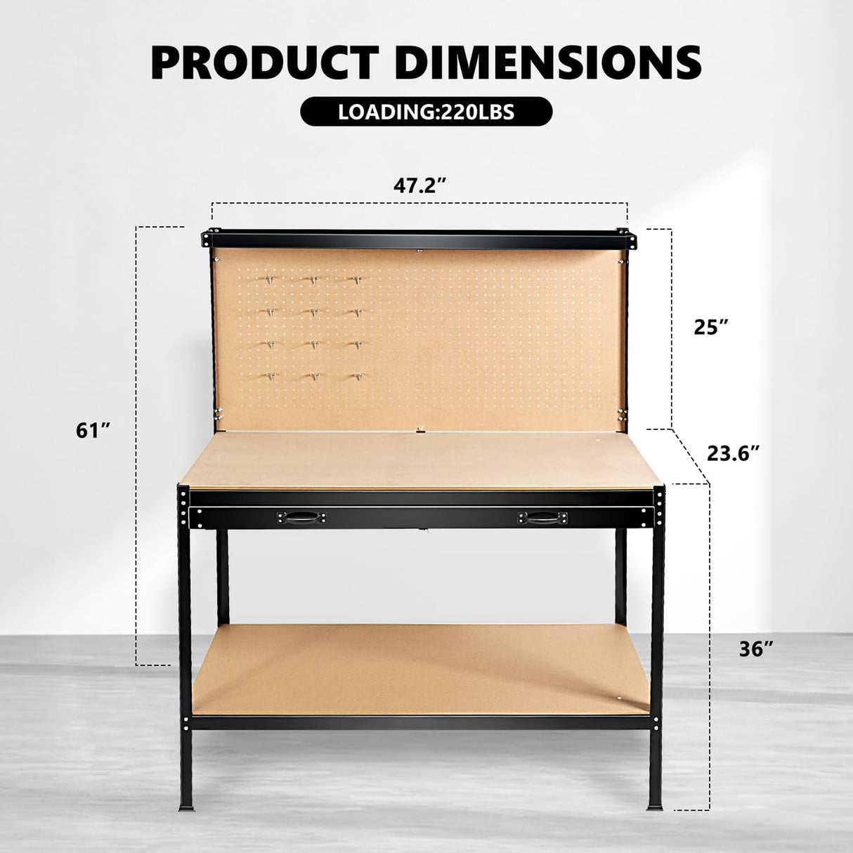 63" Tools Cabinet Working Tables Workbench Tool Storage Workshop Table with Drawers and Pegboard - V.I.P Digital Presence