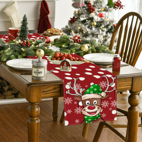 Christmas cartoon reindeer table flag Christmas snowflakes polka dot linen tablecloth kitchen table decoration tablecloth mat - V.I.P Digital Presence