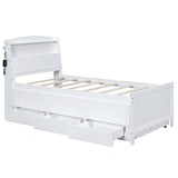 Twin Size Platform Bed with Storage LED Headboard Twin Size Trundle and 3 Drawers White
