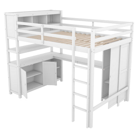 Wood Loft Bed with Cabinet and Bookshelf, Full Size Loft with Wardrobe and Desk for Kids,White - V.I.P Digital Presence