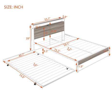 Full Size Metal Platform Bed Frame with Trundle, USB Ports and Slat Support No Box Spring Needed White - V.I.P Digital Presence