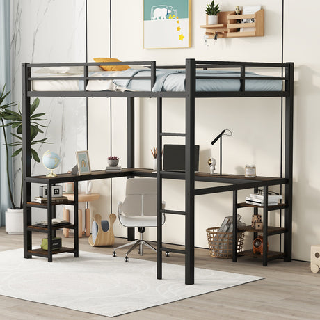 Full metal loft bed with desk and shelf, loft bed with ladder and guardrail, black with retro wood desk - V.I.P Digital Presence