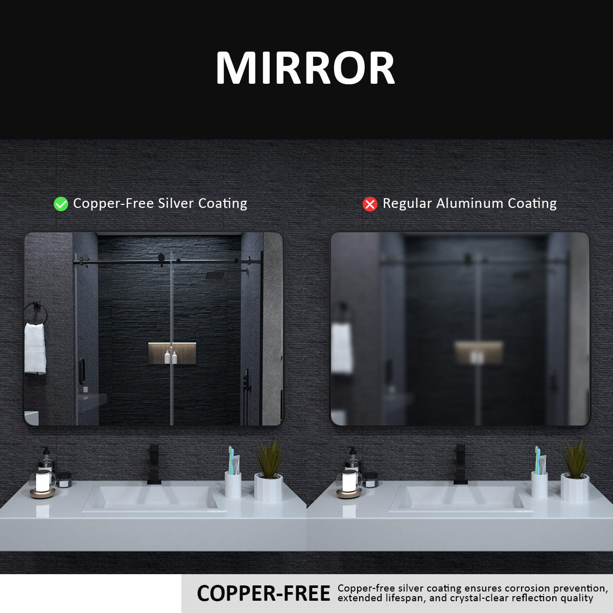 24x36 inch aluminum frame round rectangular bathroom wall mirror, matte black rust proof, tempered glass mirror - V.I.P Digital Presence