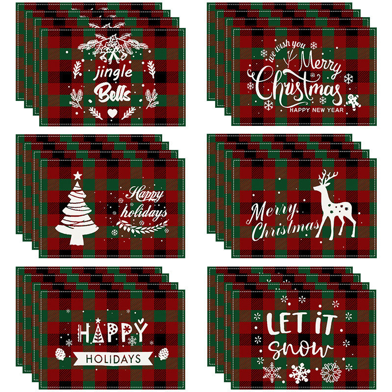 Christmas Tree Elk Printed Meal Mat Christmas Striped Checkered Table Mat White Hemp Western Food Mat - V.I.P Digital Presence