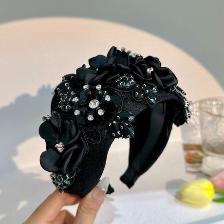 Solid color fabric flower oversized wide edged crystal headband - V.I.P Digital Presence