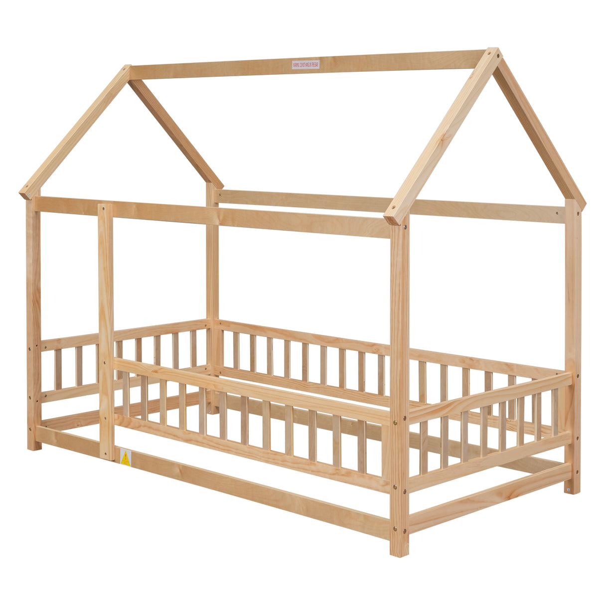 Twin Size Floor Wooden Bed with House Roof Frame, Fence Guardrails - V.I.P Digital Presence