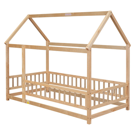 Twin Size Floor Wooden Bed with House Roof Frame, Fence Guardrails - V.I.P Digital Presence