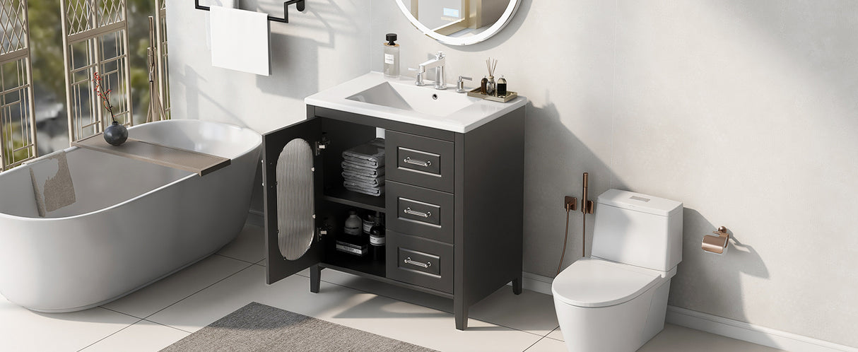 30" Bathroom Vanity with Sink, Bathroom Vanity Cabinet with Two Drawers and Door, Adjustable Shelf, Solid Wood and MDF, Black - V.I.P Digital Presence