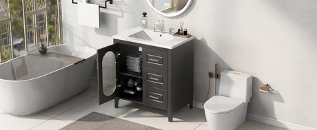 30" Bathroom Vanity with Sink, Bathroom Vanity Cabinet with Two Drawers and Door, Adjustable Shelf, Solid Wood and MDF, Black - V.I.P Digital Presence