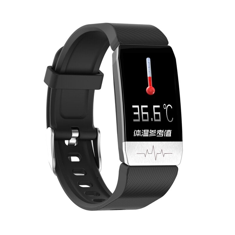 Reloj inteligente T1 con control de temperatura, inmunidad, ECG, frecuencia cardíaca, monitor de presión arterial, pronóstico del tiempo y recordatorio de bebidas. 