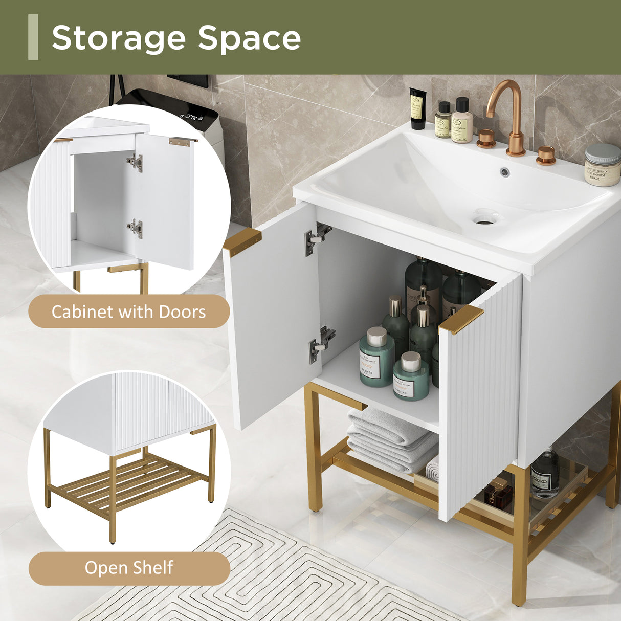 24" Bathroom Vanity with Sink, Bathroom Vanity Cabinet with Two Doors and Gold Metal Frame, Open Storage Shelf, White - V.I.P Digital Presence