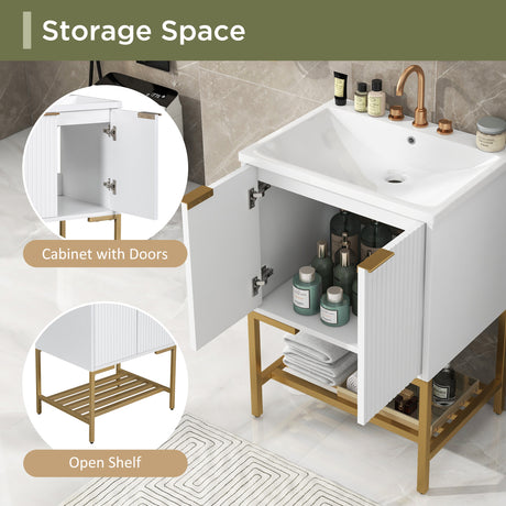 24" Bathroom Vanity with Sink, Bathroom Vanity Cabinet with Two Doors and Gold Metal Frame, Open Storage Shelf, White - V.I.P Digital Presence