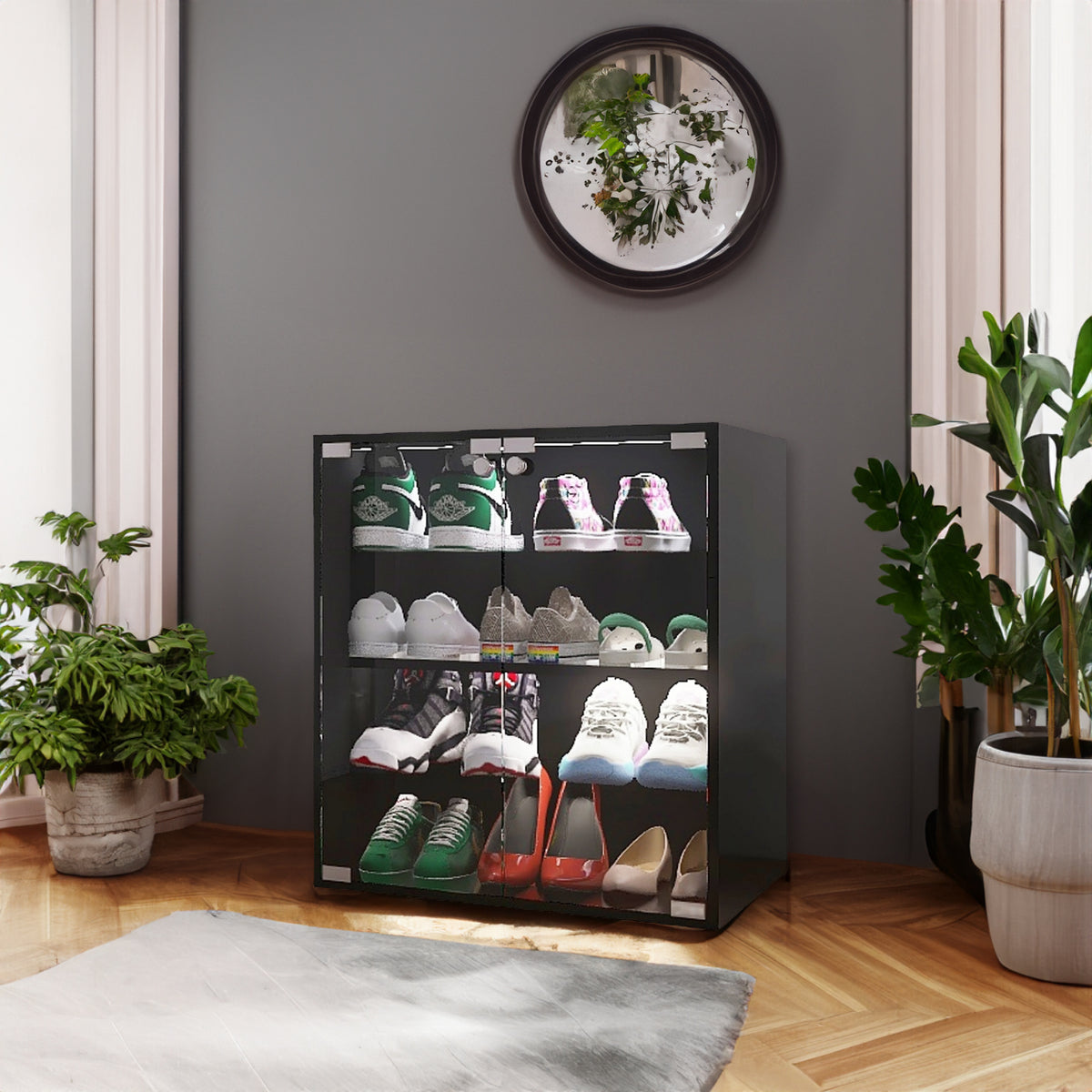 4 Layers Black Shoe Cabinet with Glass Door and Glass Layer Shoes Display Cabinet with LED light Bluetooth Control - V.I.P Digital Presence
