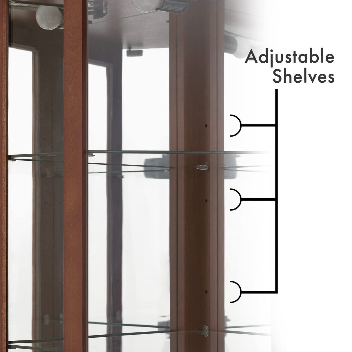 6 shelves corner Curio display cabinet with light mirror and adjustable shelves, walnut wood (excluding E26 light bulbs) - V.I.P Digital Presence