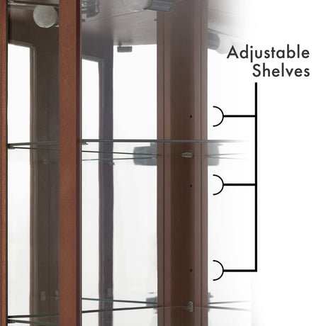6 shelves corner Curio display cabinet with light mirror and adjustable shelves, walnut wood (excluding E26 light bulbs) - V.I.P Digital Presence