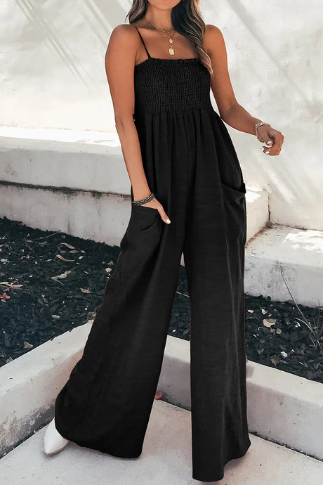 Smocked Spaghetti Strap Wide Leg Jumpsuit - V.I.P Digital Presence
