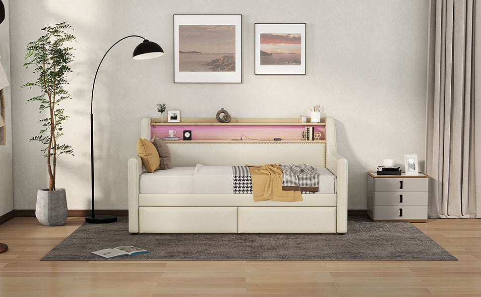 Twin Size Daybed with Storage Drawers, Upholstered Daybed with Charging Station and LED Lights, Beige - V.I.P Digital Presence