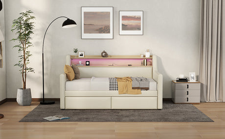 Twin Size Daybed with Storage Drawers, Upholstered Daybed with Charging Station and LED Lights, Beige - V.I.P Digital Presence