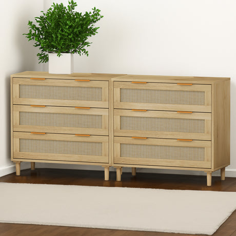 3-Drawers Rattan Storage Cabinet Rattan Drawer (Set of 2),for Bedroom,Living Room,Dining Room,Hallways,Oak - V.I.P Digital Presence