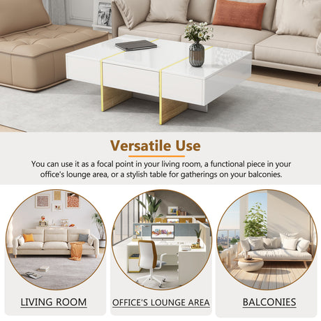 ON-TRANS 47.2 inch x 31.4 inch multifunctional rectangular sofa table with 2 drawers and gold wood grain leg center table, white - V.I.P Digital Presence