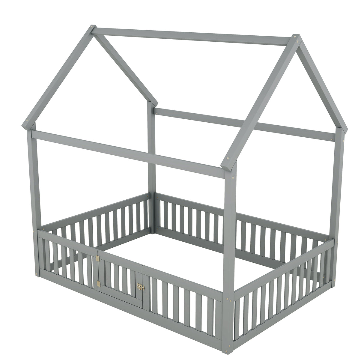 Full Size Wood House Bed with Fence and Door, Gray - V.I.P Digital Presence