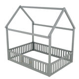 Full Size Wood House Bed with Fence and Door, Gray - V.I.P Digital Presence