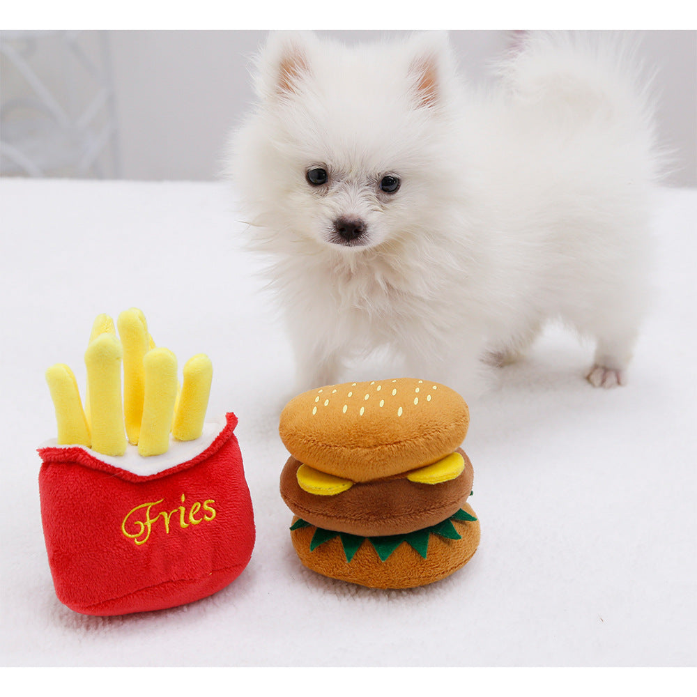 Cute Cat Plush Sound Toy - Adorable Cat Toy with French Fries and Hamburger for Small and Medium Dogs and Teddy Bears - V.I.P Digital Presence