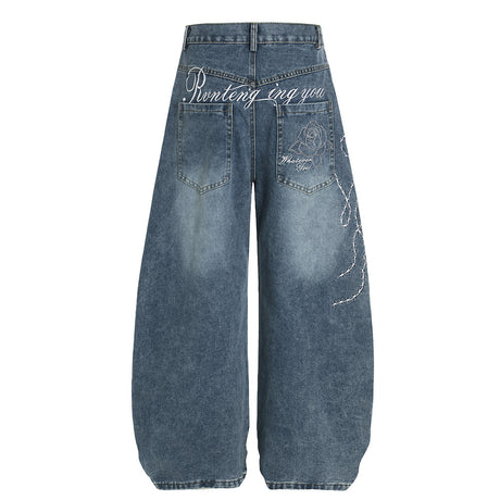 Streetwear High Street Letter Print Slash Denim Trousers Men's Work Pants Washed Vintage Loose Wide Leg Floor-Length Pants - V.I.P Digital Presence