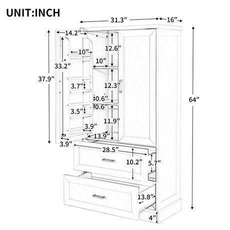 Tall Bathroom Storage Cabinet, Cabinet with Two Doors and Drawers, Adjustable Shelf, MDF Board, White - V.I.P Digital Presence