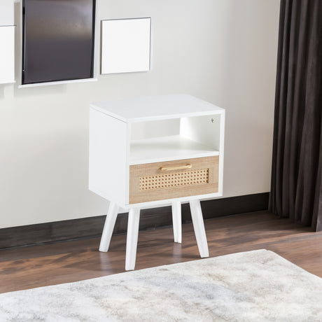 15.75" Rattan End table with drawer and solid wood legs Modern nightstand side table for living room  white - V.I.P Digital Presence
