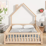Full House-Shaped Headboard Floor Bed with Fence Natural - V.I.P Digital Presence