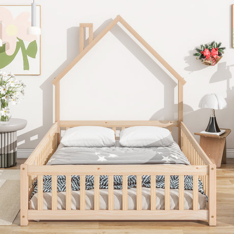 Full House-Shaped Headboard Floor Bed with Fence Natural - V.I.P Digital Presence