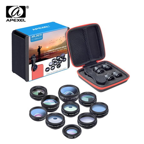 APEXEL Phone lens kit universal 10 in 1 Fisheye Wide Angle macro Lens CPL Filter Kaleidoscope+2X telescope Lens for smartphone - V.I.P Digital Presence