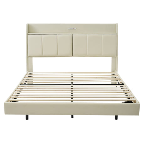 Large floating bed frame with storage headboard, touch sensor, night light and USB charger, padded platform bed, beige color - V.I.P Digital Presence