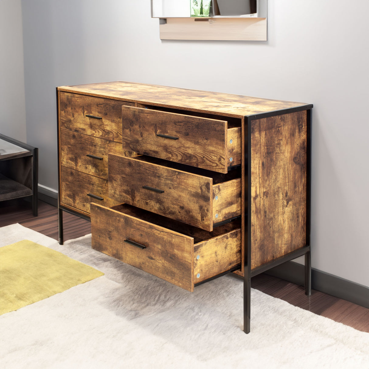 Industrial Style 6 Drawer Double Dresser Rustic Brown Wood Storage Dresser Clothes Organizer with Sturdy Steel Frame - V.I.P Digital Presence