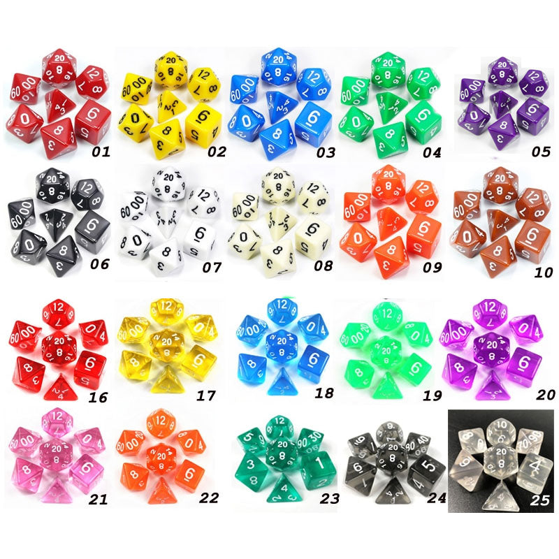 Juego de 7 dados poliédricos digitales transparentes de colores intensos, D4, D6, D8, D10, D12 y D20 para juegos de mesa DND RPG.