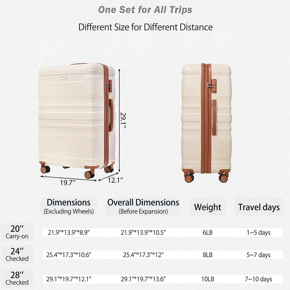 Luggage Sets New Model Expandable ABS Hardshell 3pcs Clearance Luggage (Beige and Brown)