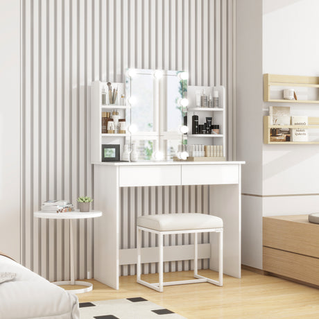 Makeup Vanity Desk With LED Lighted Mirror ,Dressing Table Set With 2 Large Drawers 10 LED Light ,White Color - V.I.P Digital Presence