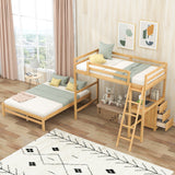 Twin over Full Bunk Bed with Built-in Desk and Three Drawers Natural